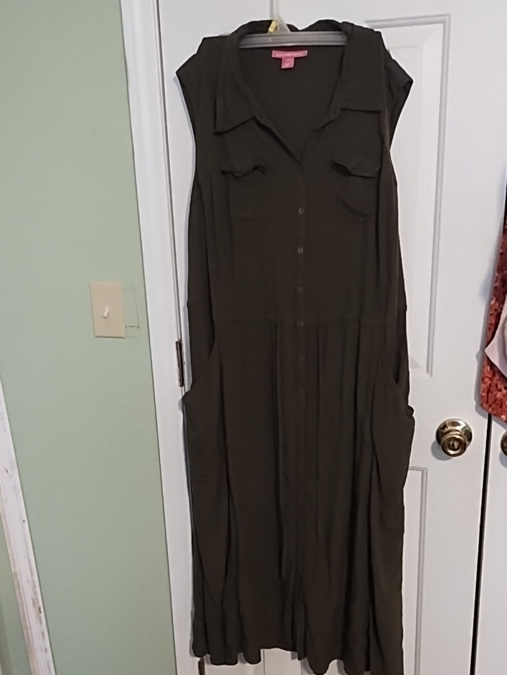 Woman Within Olive Green Sleeveless Button-Front Maxi Dress